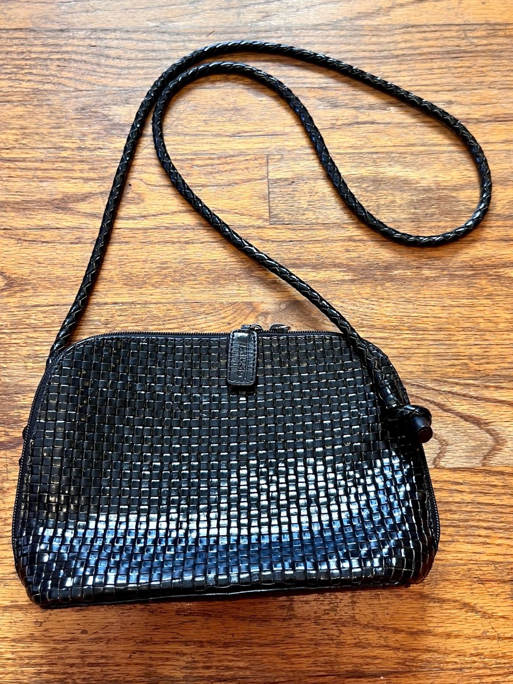 Talbots black leather woven crossbody purse ~ vintage French look